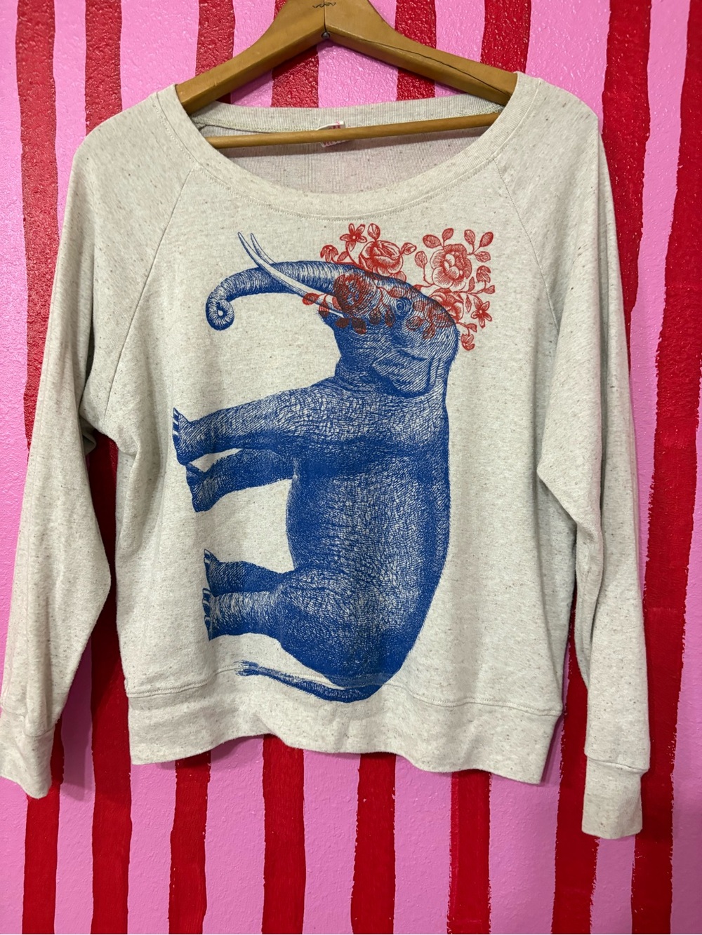 Cream Long-Sleeve Pullover with Blue Elephant & Pink Floral Accent